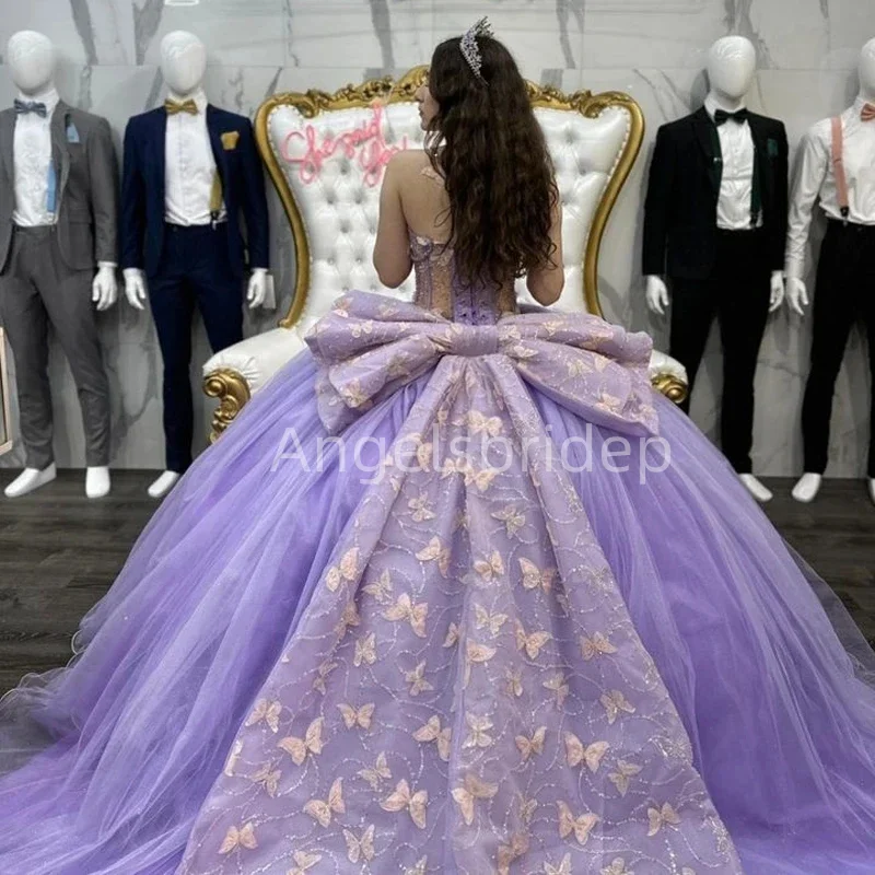 Angelsbridep Customized Vestidos De Graduación Lavender Ball Gown Quinceanera Dress Off Shoulder Party Dresses With Big Bow