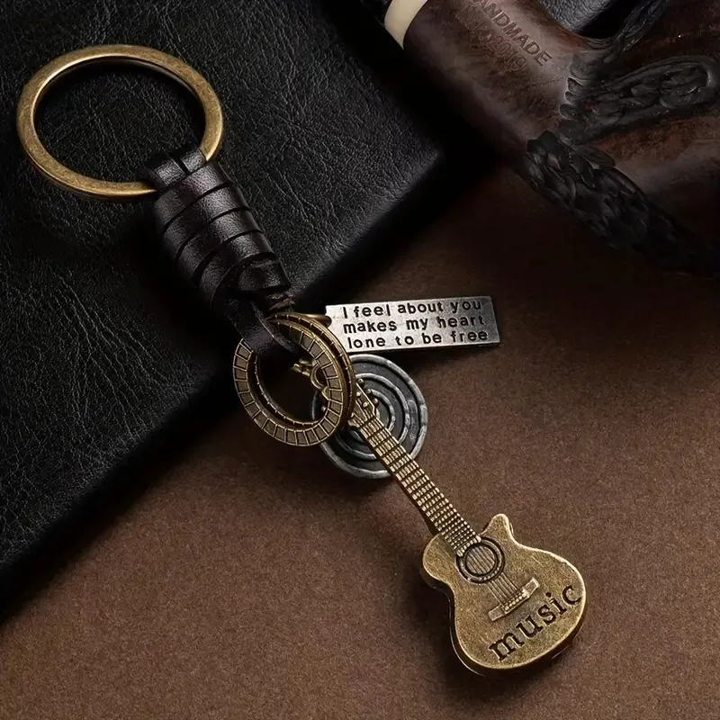 1pc Retro Key Chain Creative Small Guitar Leather Key Chain Braided Cowhide Keychain Backpack Pendant For Men