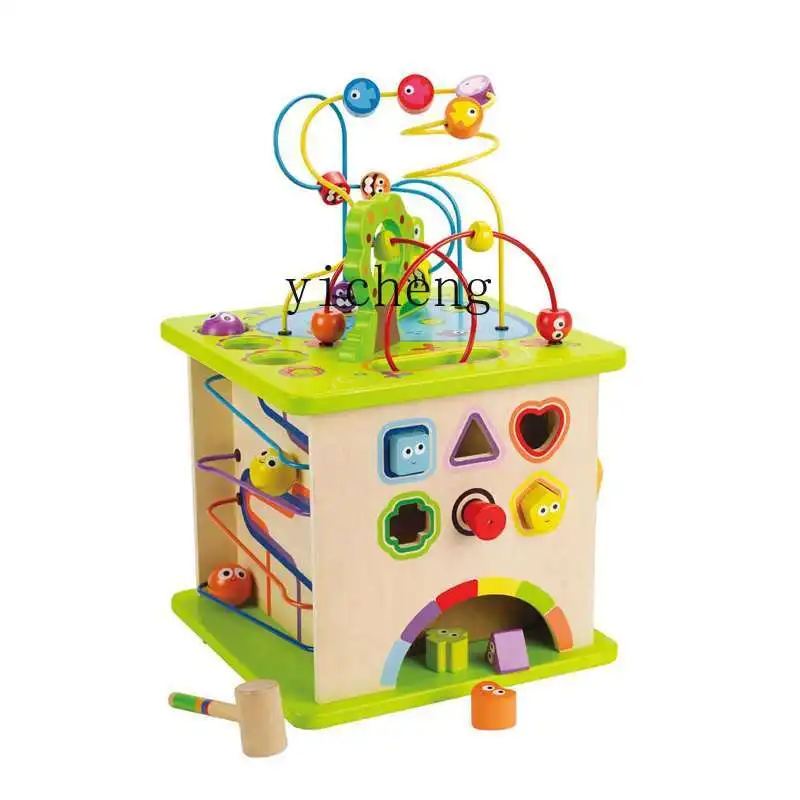 Tqh Happy Farm Game Box New Baby Beaded Beads Hexahedron Baby Early Education Educational Wooden Toys