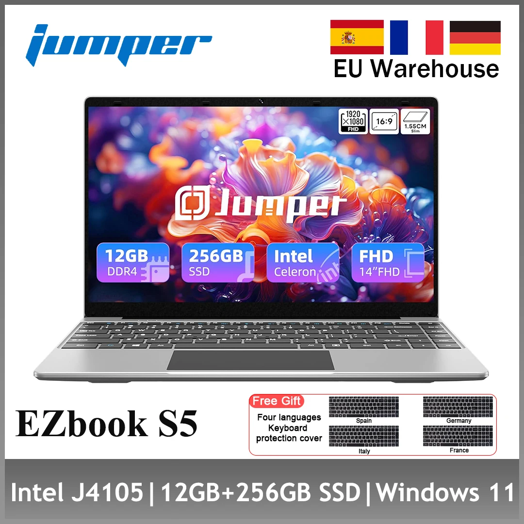 Jumper EZbook S5 laptop 14 inch, 12 GB RAM 256 GB SSD, processor Intel Celeron J4105 notebook, twee luidsprekers, Type-C, mini HDMI
