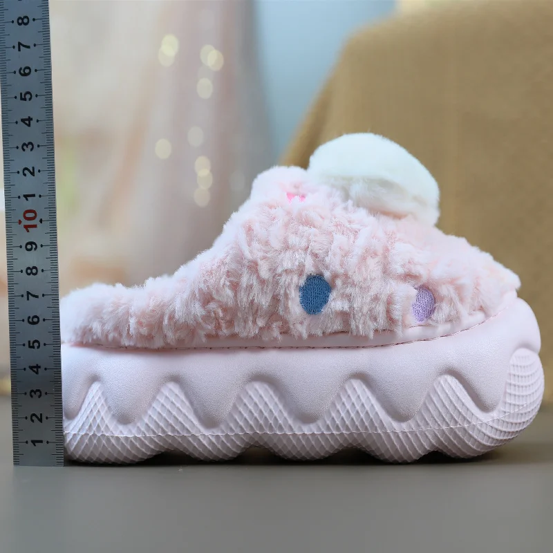 Winter Warm White Cloud Slippers Home Woman High Heels 5cm Thick Bottom Fur Slides Non-slip Ladies Warm Half Wrap Indoor Shoes - Image 5