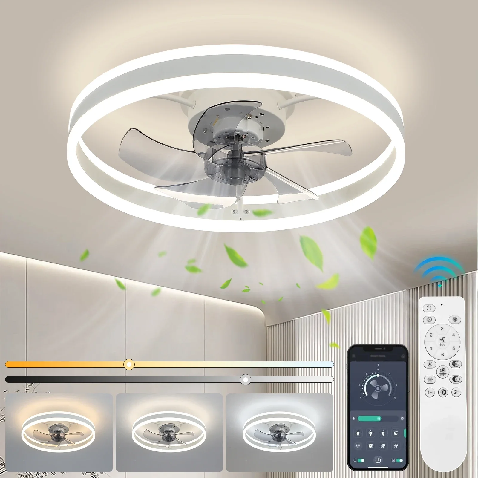 LED Fan Ceiling Light with 110V Voltage Equipped with Remote Control Stepless Dimming Adjustable Fan Timing and Multiple Levels