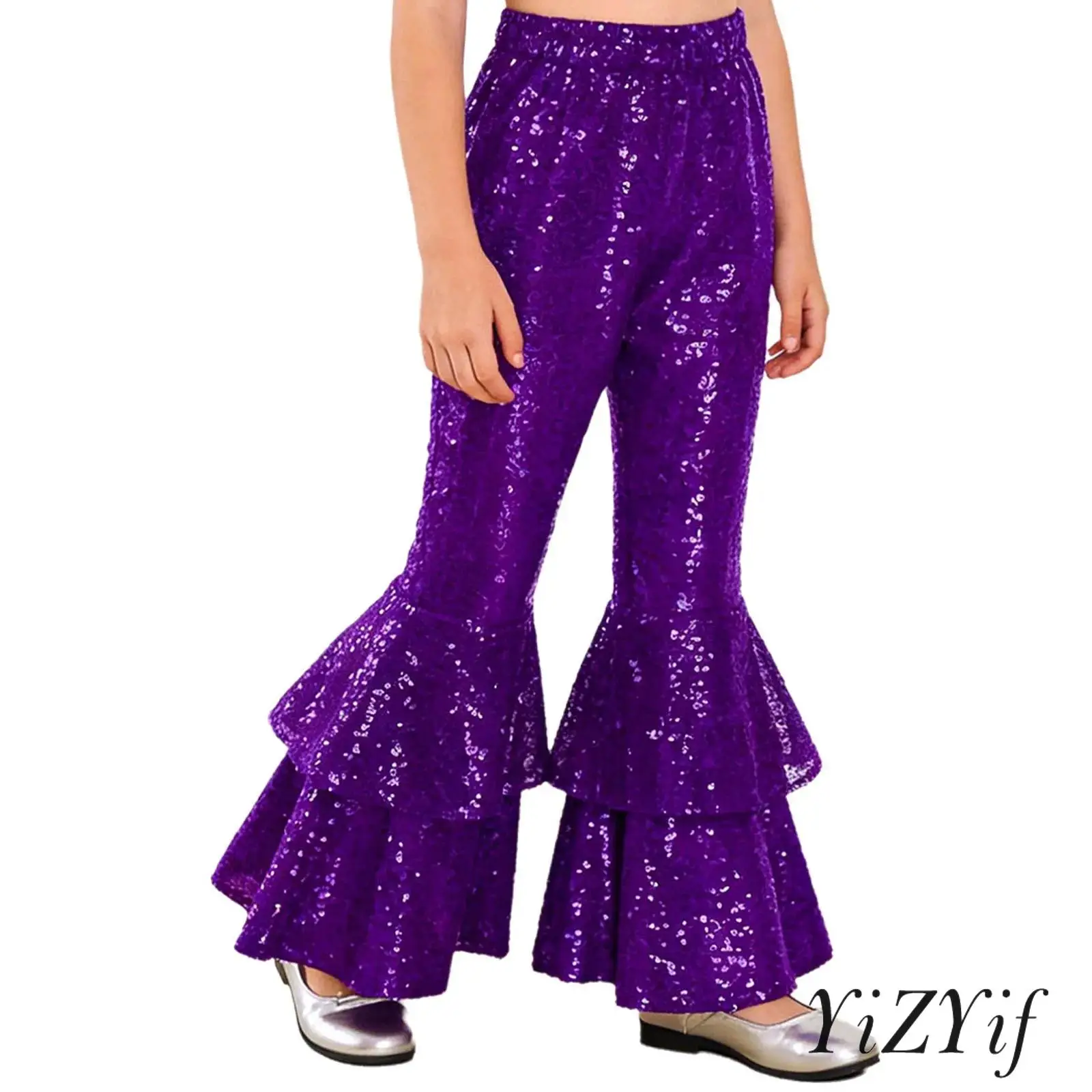 

Kids Girls Jazz Dance Pants Glittery Sequin Flared Long Pants Tiered Bell Bottom Elastic Waist Trousers for Disco Rock Dance