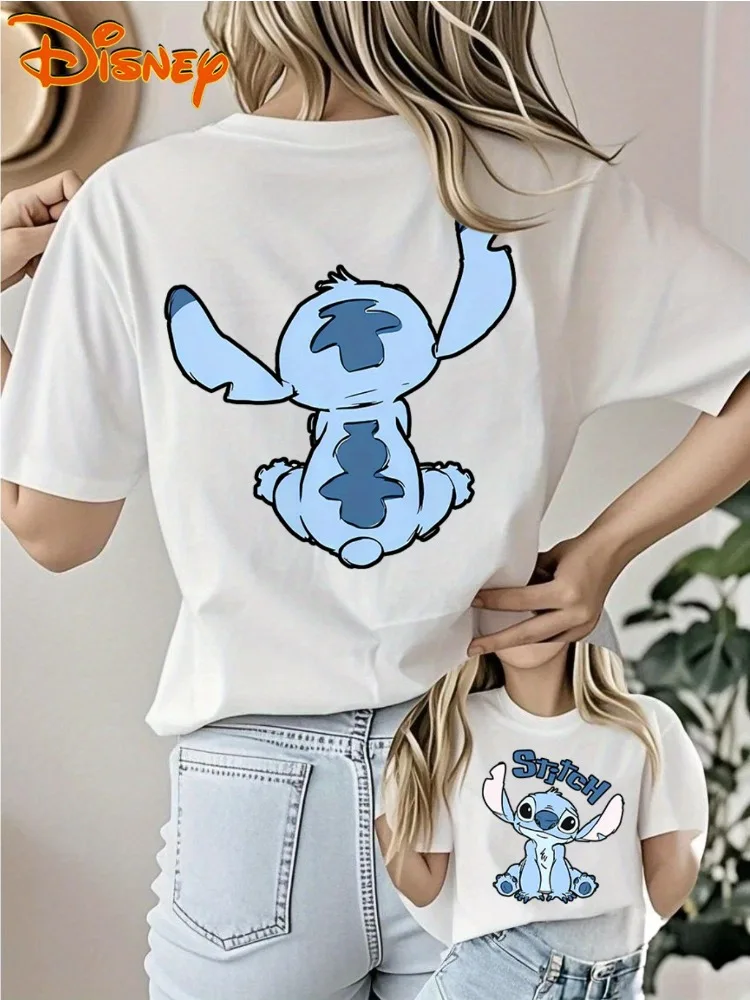 ديزني غرزة نمط عارضة قصيرة الأكمام المرأة التي شيرت لينة جولة الرقبة الصيف أعلى مشرق الأزرق والأبيض المطبوعة القطن الخالص أعلى