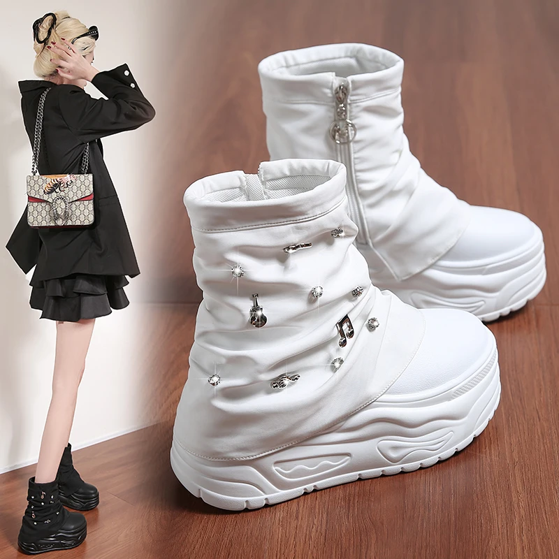 

Women's 8cm Hidden Heel Knee-High Boots Ultra High Thick Sole White Sneakers Zipper Closure Big Size Slimming Tall Elevating