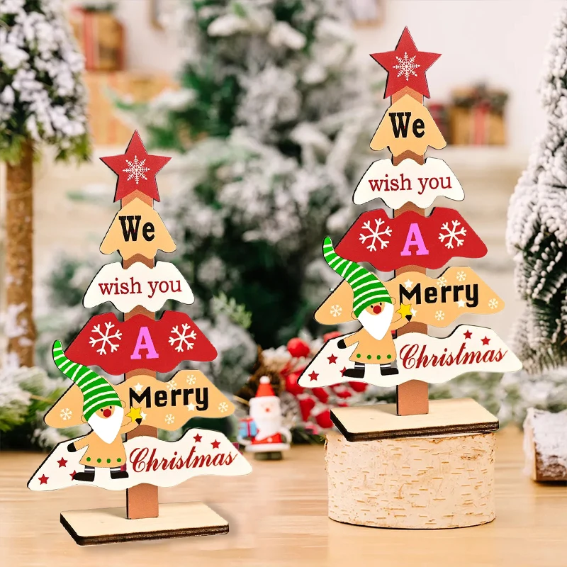 Wooden Christmas Tree Handmade DIY Christmas Party Tabletop Ornaments Cartoon Colorful Xmas Tree New Year Home Decoration Gift