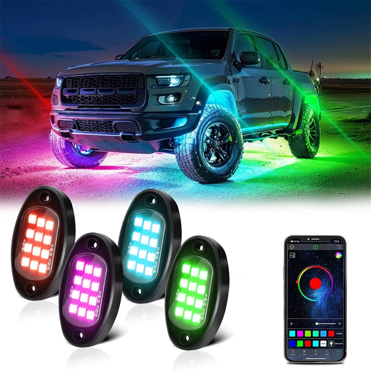 RGB Rock Lights, Multicolor Underglow Lights Kit with App Control Flashing Music Mode Waterproof Wheel Well Light,4 Pods