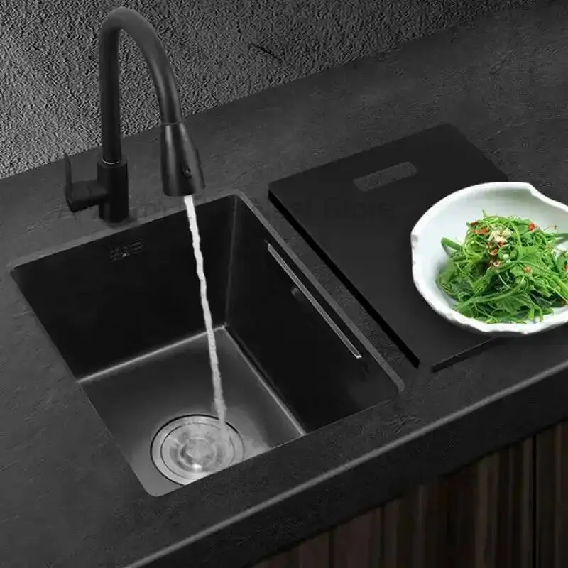 

304 Stainless Steel Kitchen Sink Black Nano Small Single-slot Washbasin Dishwashing Island Counter Washing Sink with Cover Plate