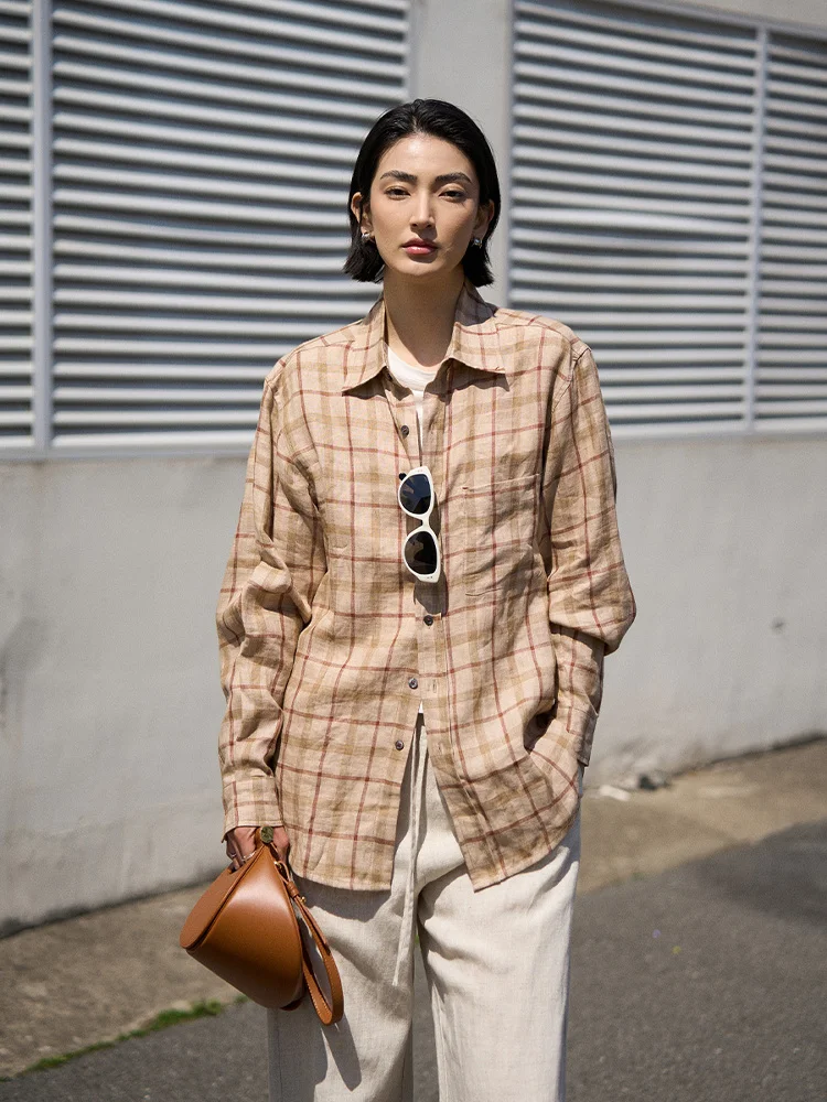 

TOFOD Color Woven Linen Plaid irt Women's Retro Casual Top Loose Fit Long Sve Button up Regular Length Spring 2025