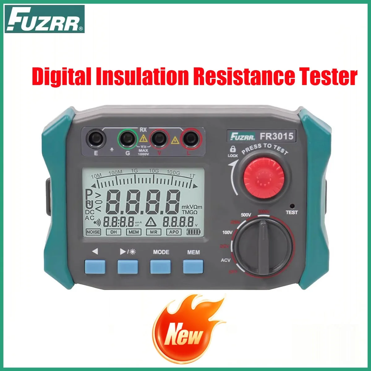 FUZRR FR3015 Digital Insulation Resistance Tester 100-1000V Megohmmeter 50GΩ DAR PI Absorption Ratio AC DC Voltage Meter
