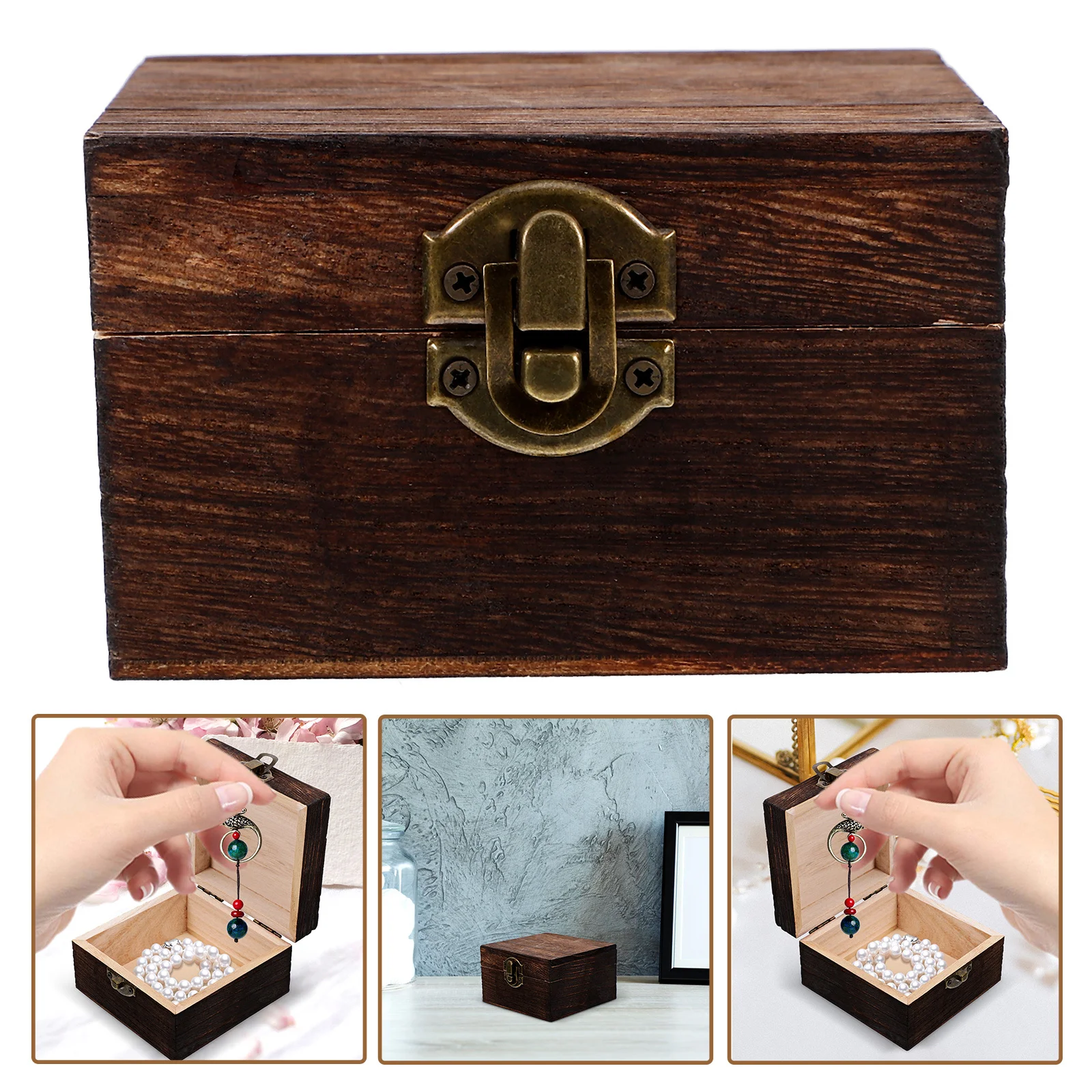 

Wooden Jewelry Storage Box With Lid Rustic Wood Box For Rings Earrings Trinkets Organizer Light Portable Case Candies Keepsakes