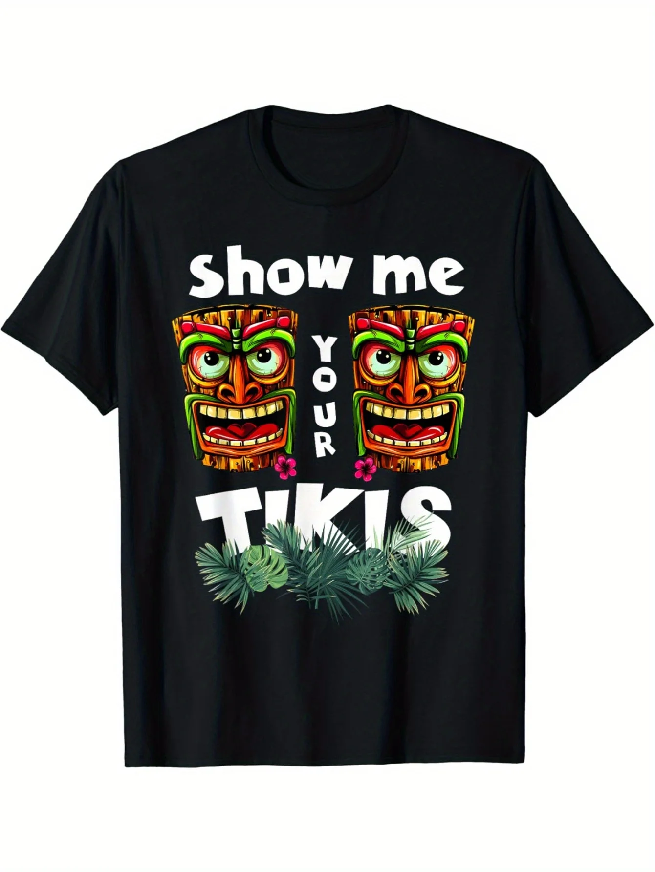 

Men's Plus Size Hawaiian Luau Party T-Shirt "Show Me Your Tikis" Cotton Tee Tiki Statue Casual Aloha Style Short Sleeve S-5XL