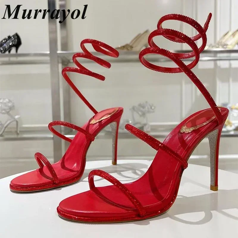 Bling Rhinestone Snake Shaped Elastic Strap Sandals Women Glisten Crystal Decor Sandalias Mujer Summer Party Dress Wedding Shoes