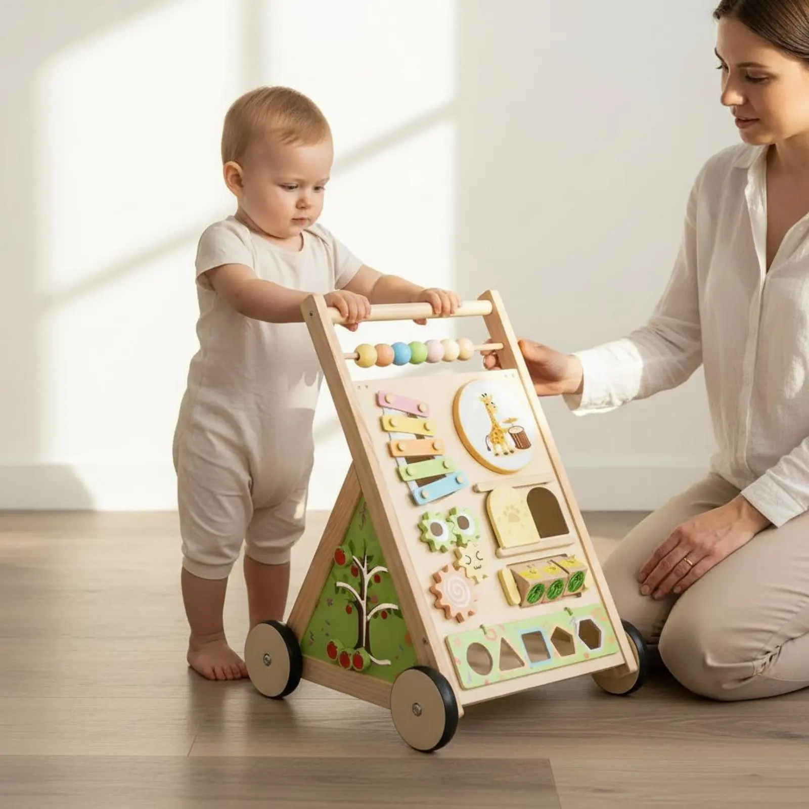 

Wooden Baby Mobility Aid Anti-Tip Design Multifunctional Activity Pusher Wooden Push Toy Early Educational Young Child Gear