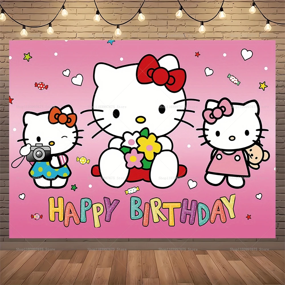 Fondo fotográfico de Hello Kitty para niñas y niños, Fondo de fotografía para fiesta de 1er cumpleaños, serie Sanrio, pancarta para Baby Shower, accesorios para cabina