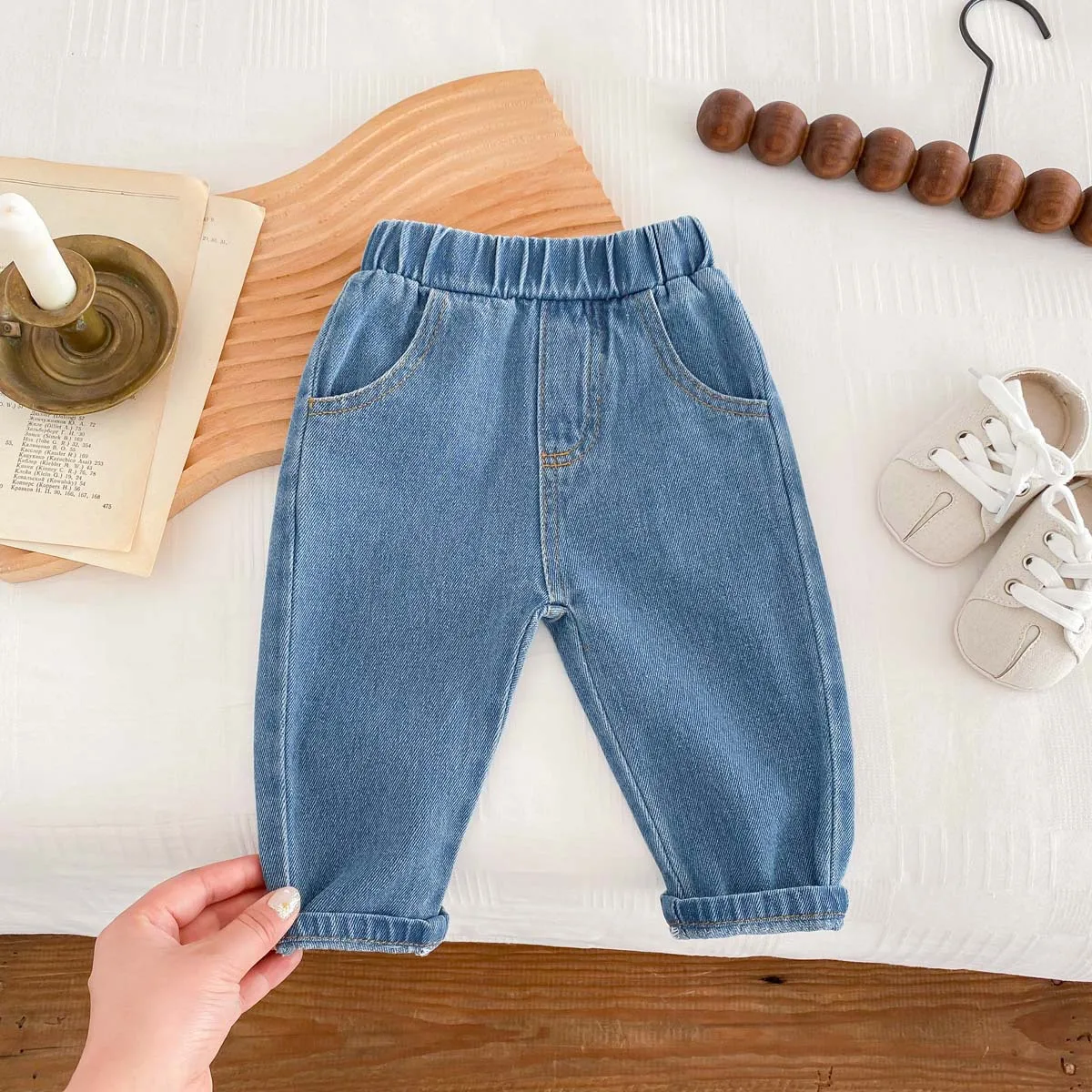 MiniAinis Spring New Baby Toddler Solid Color Jeans Girls Soft Pants Boys Elastic Waist Casual Trousers Kid Pockets Britches image 3