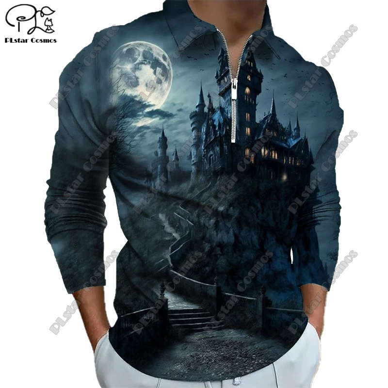 New Long Sleeve Zipper Polo 3D Print Halloween Collection Scary Skull Raven Dark POLO Long Sleeve T-Shirt Unisex Gift KB-1