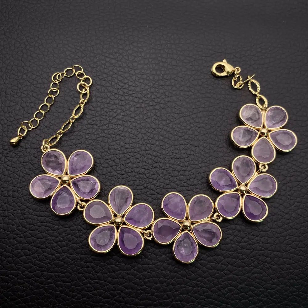 YYGEM 26mm Natural Light Purple Amethyst  Flower Brass Beaded Charm Bracelet Crystal Healing Jewelry Dropshipping