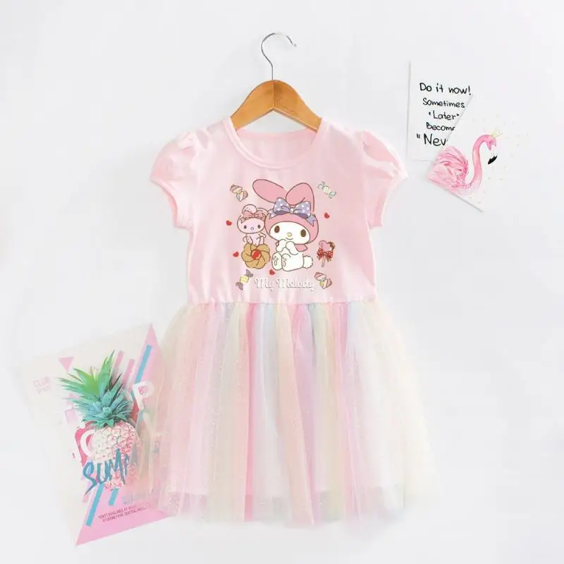 Anime Sanrioed My Melody Kuromi Girls Short Sleeve Dress Sweet Party Princess Dress Cute Gauze Skirt Summer Fashion Kids Clothes