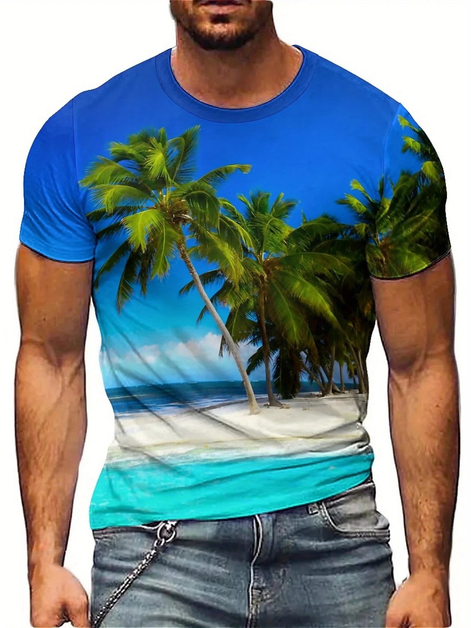 

Men'S 3D Tropical Palm Tree Print Short Sleeve T-Shirt - Soft Polyester, Comfort Fit, Crew Neck, Vibrant Beach Design