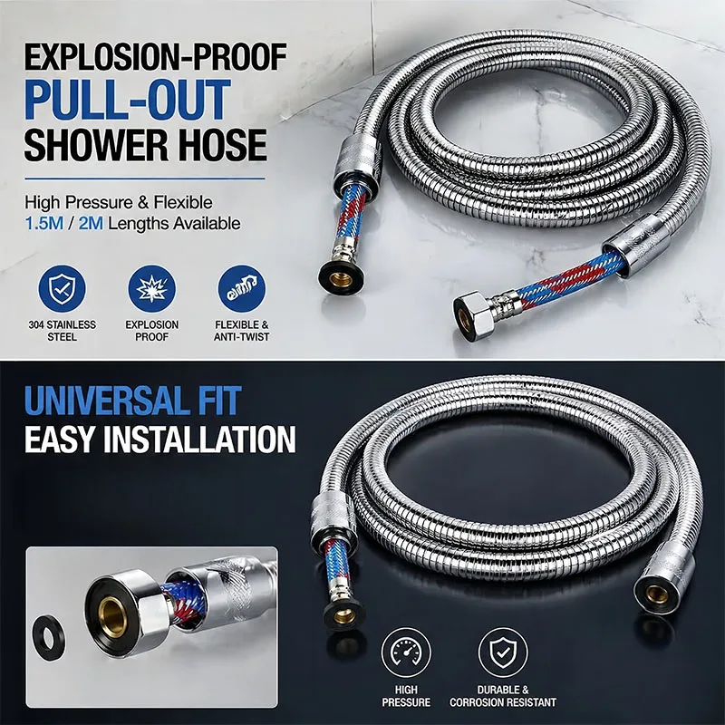 1.5M/2M Stainless Steel Braided Shower Hose,High Pressure Explosion-Proof Flexible Tube for Handheld Shower Head Bathroom