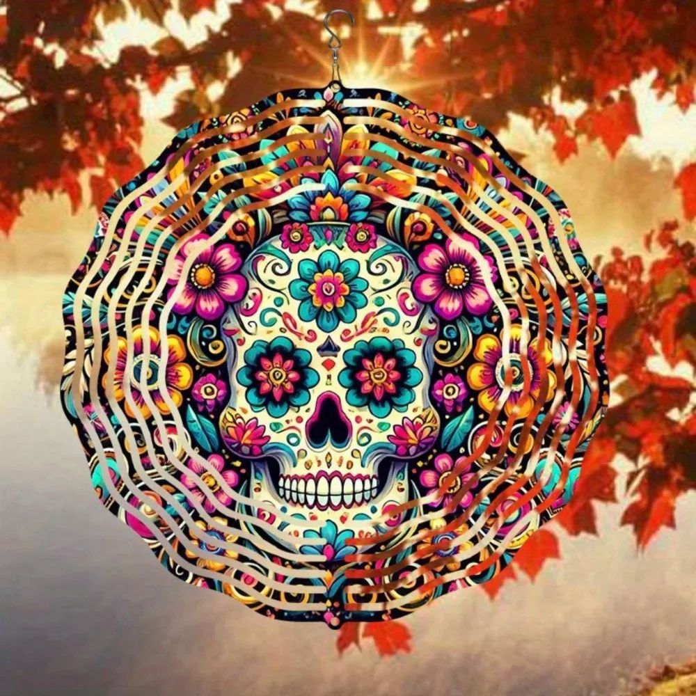 Floral Sugar Skull 3D Metal Wind Spinner Day of The Dead Hanging Ornament Outdoor Garden Yard Patio Halloween Home Art Decor