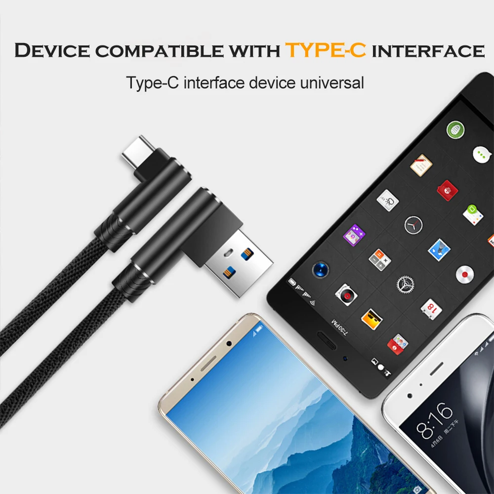 ประเภท C สาย USB 90องศาสำหรับ Samsung S9 S10 S8 2A Fast Charger ข้อมูลสายเคเบิลสำหรับ Xiaomi mi 9 Huawei P30 P20 Mate20