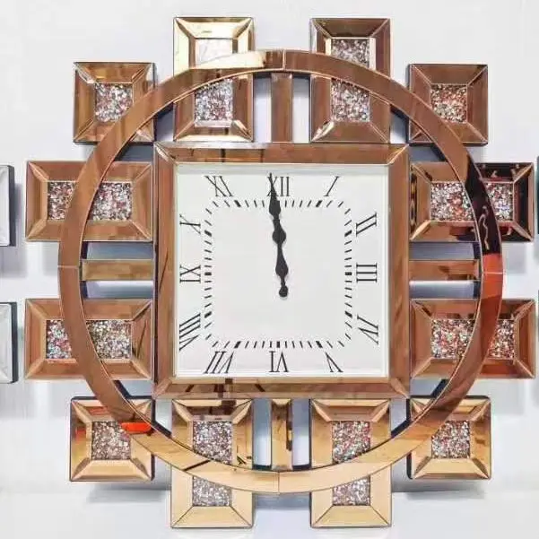 Factory Direct 2026 titanium gold foreign trade creative wall clock decoration wall clock mirror glass rhinestone