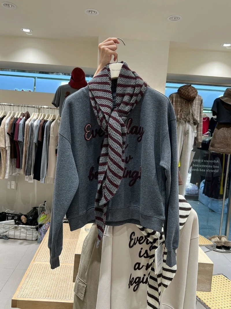2025 Autumn Winter Women's Crew Neck Sweatshirt With Shawl European Style Letter Embroidery Unique Beautiful Youthful Short Coat