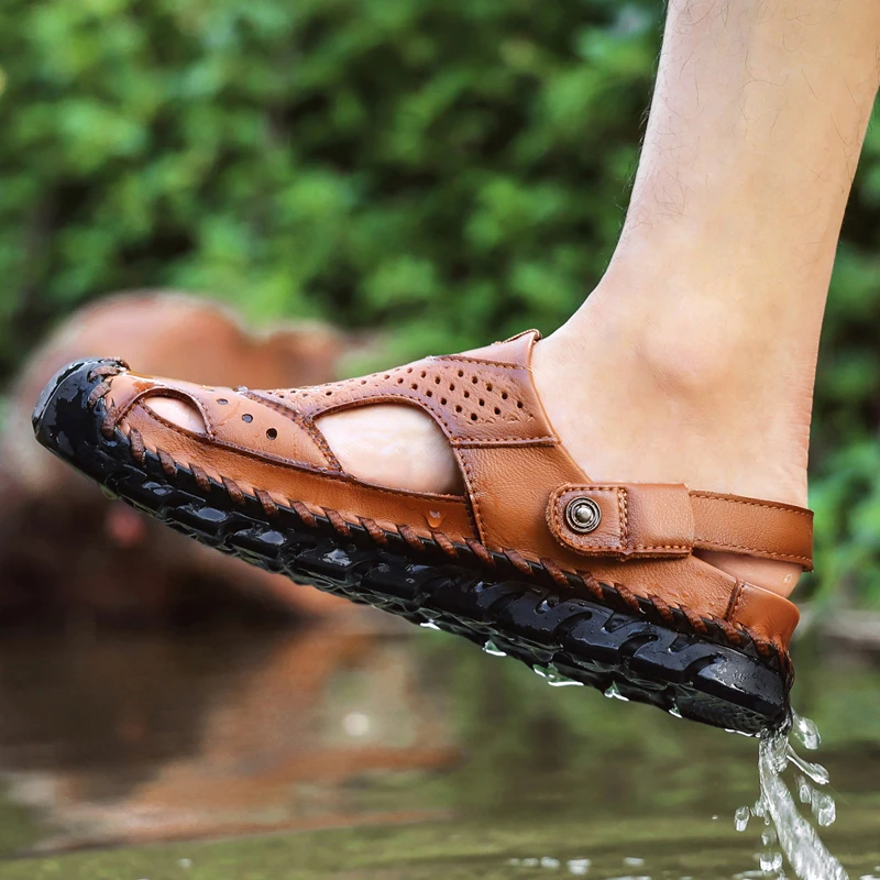 Neue männer sport sommer sandalen leder im freien große größe strand handgemachte anti-kollision kappe kopf waten waten schuhe 38-48 #