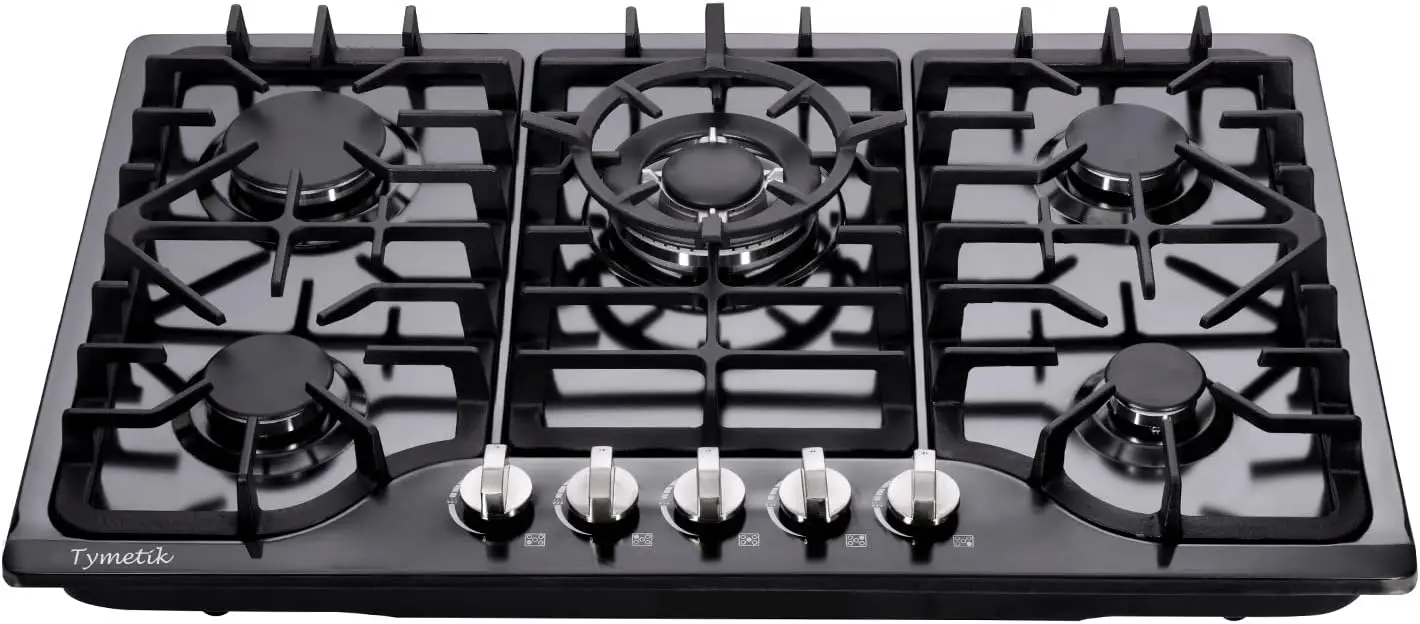 30 Inch Gas Cooktop Built-in Stainless Steel Gas Stovetop 5 High Efficiency Burners Gas Stove LPG/NG Convertible Hob (Black)