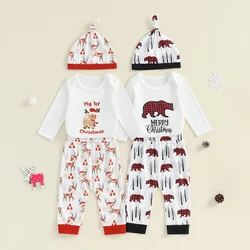 Baby Boy Girl My First Christmas Clothes Sets Long Sleeve Letter Deer Print Romper Elastic Pants with Hat 3Pcs Newborn Outfit