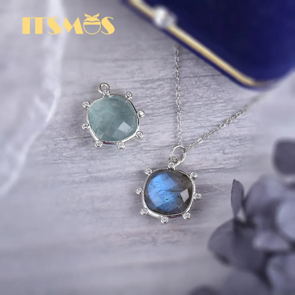 ITSMOS Natural Labradorite Silver Plated Pendant Necklace Simple Faceted CZ Star Elegant Lovely Jewelry for Women Romatic