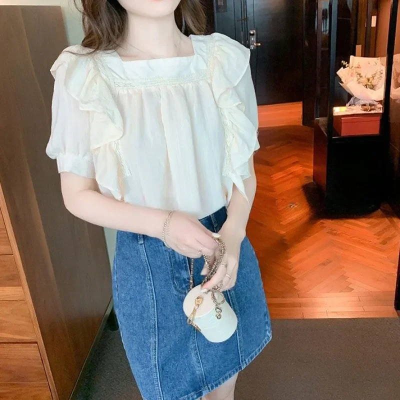 Ruffle Crop Female Tops Chiffon White Women's Shirt And Blouse Summer Frill Offer Premium Modern Long Fine Elegant Cool M