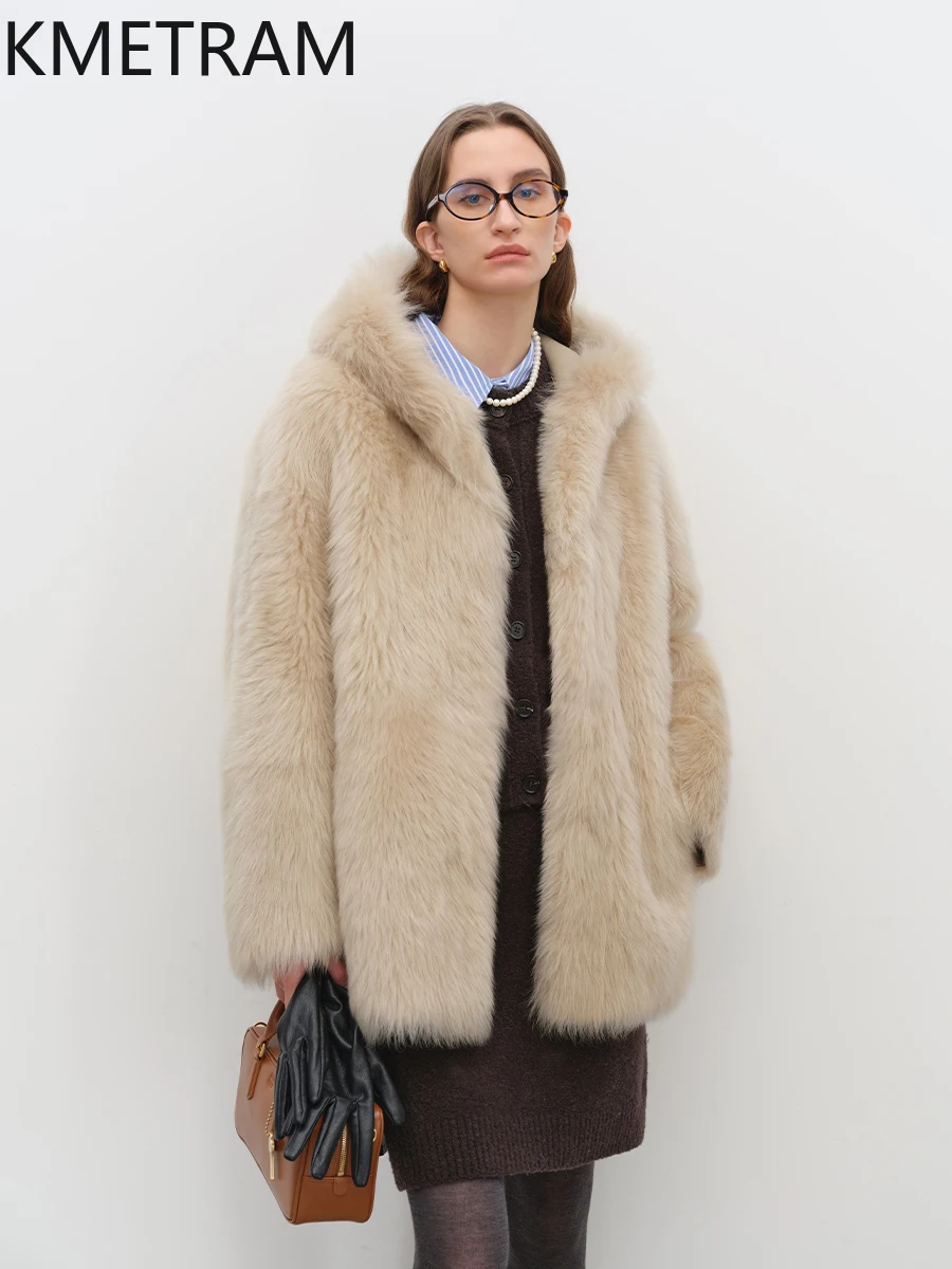 Veste en laine toscane naturelle en peau de mouton Double face pour femme, manteau décontracté en vraie fourrure avec capuche, vêtements d'hiver, Fourrure 2025