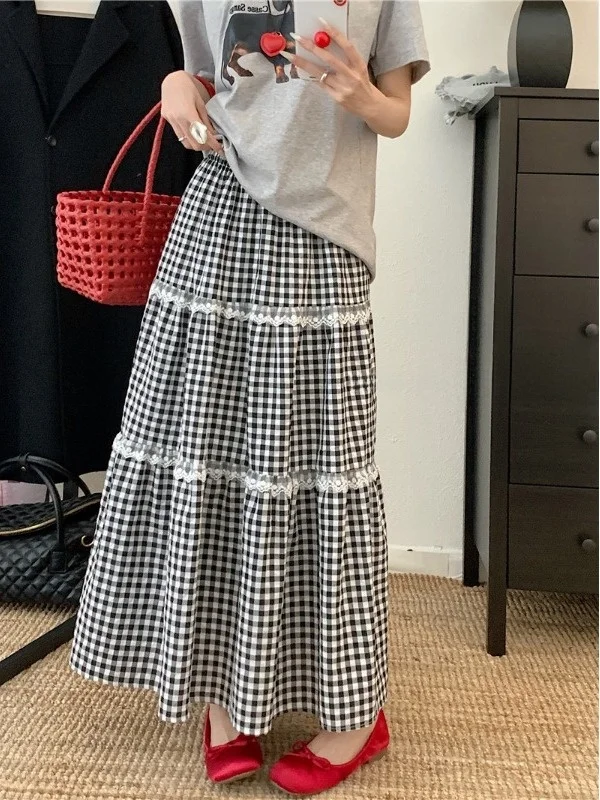 

plus Size Sweet Lace Plaid High Waist A-Line Midi Skirt Spring New Style Slimming Hip Covering Korean Style Casual Skirt