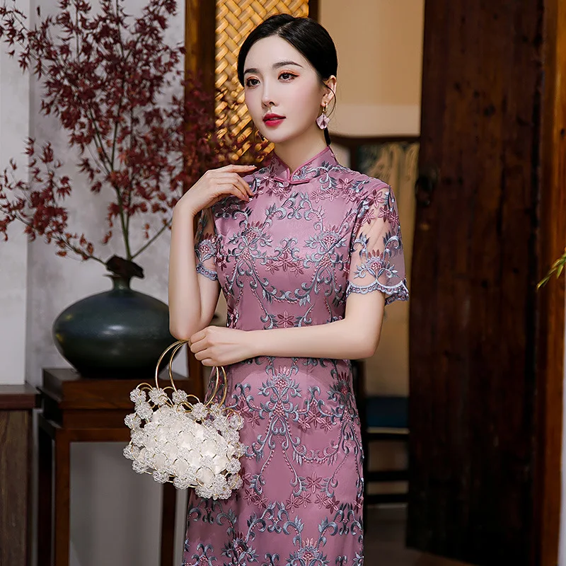 Summer Improved Mesh Embroidery Beaded Elegant Purple Cheongsam Mid-length Chinese Traditional Evening Dress Qipao for Women