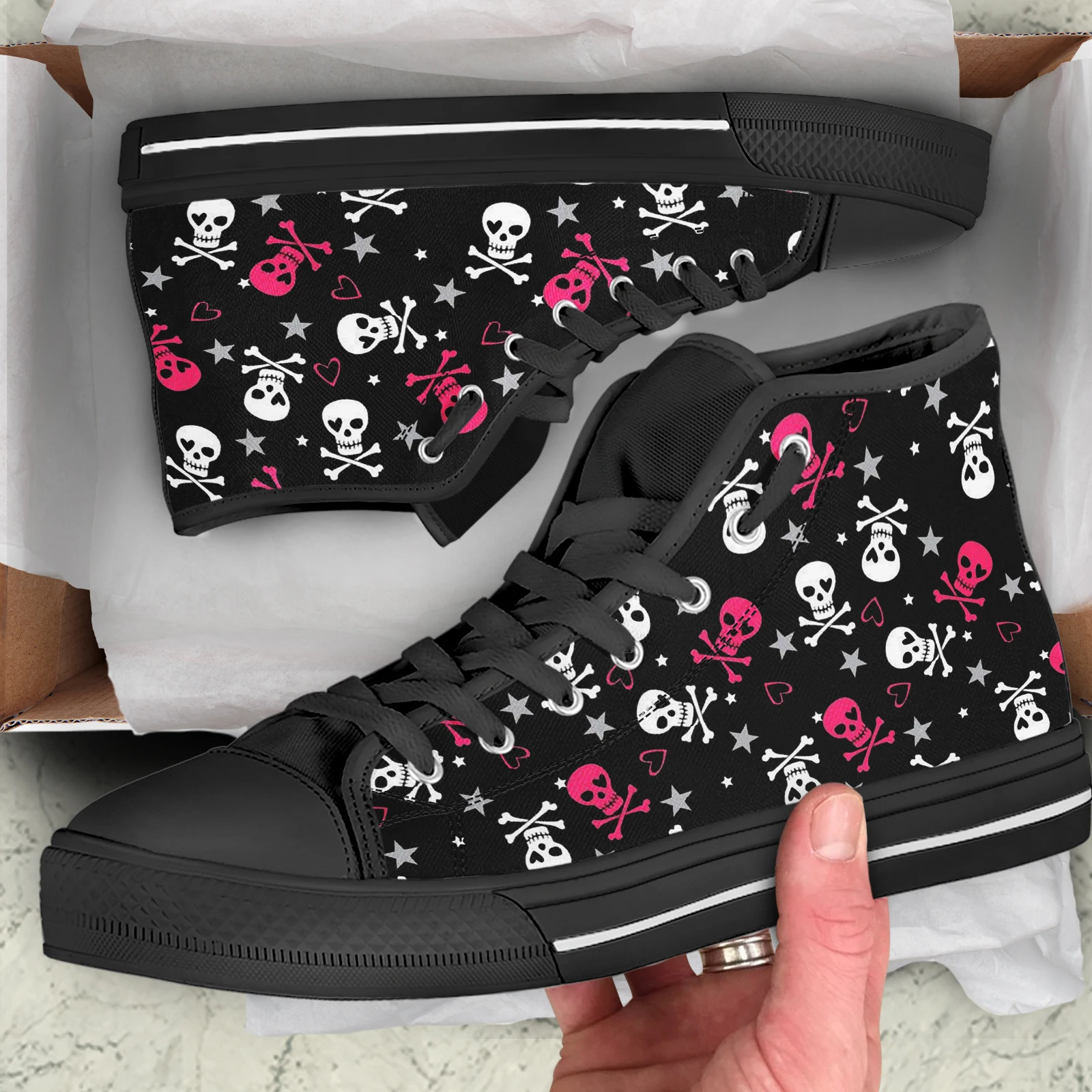 ELVISWORDS Gothic Skull Women's Shoes Comfortable Lace-up High-top Shoes Love Skull Print Casual Shoes Black Walking Shoes Mujer