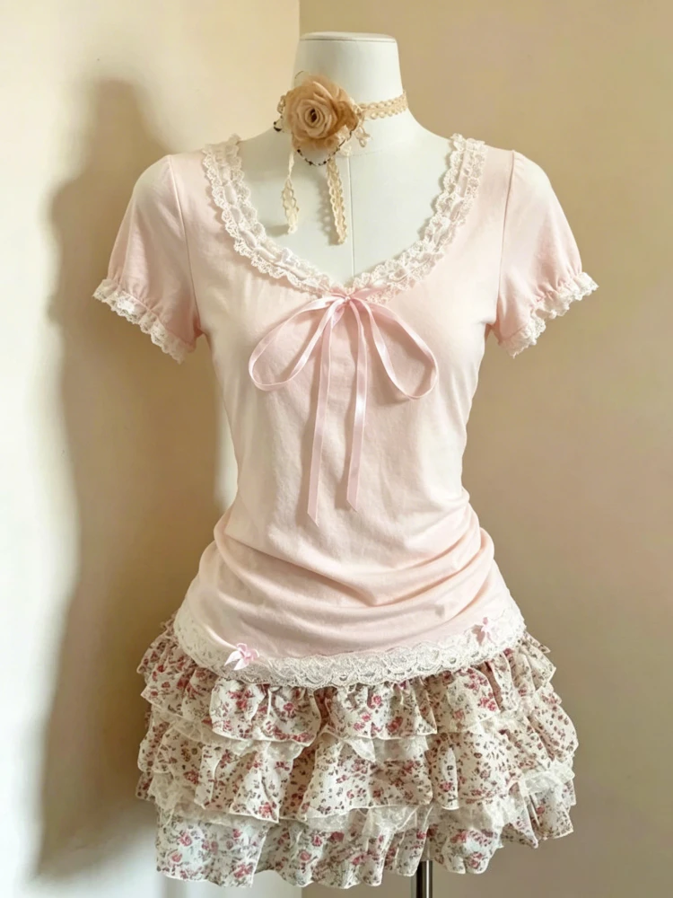 2026 Summer Short Sleeve Lace Up T-shirt Women Japanese Kawaii Slim Y2k Crop Tops Female Korean Fashion Clothing Vintage Tees