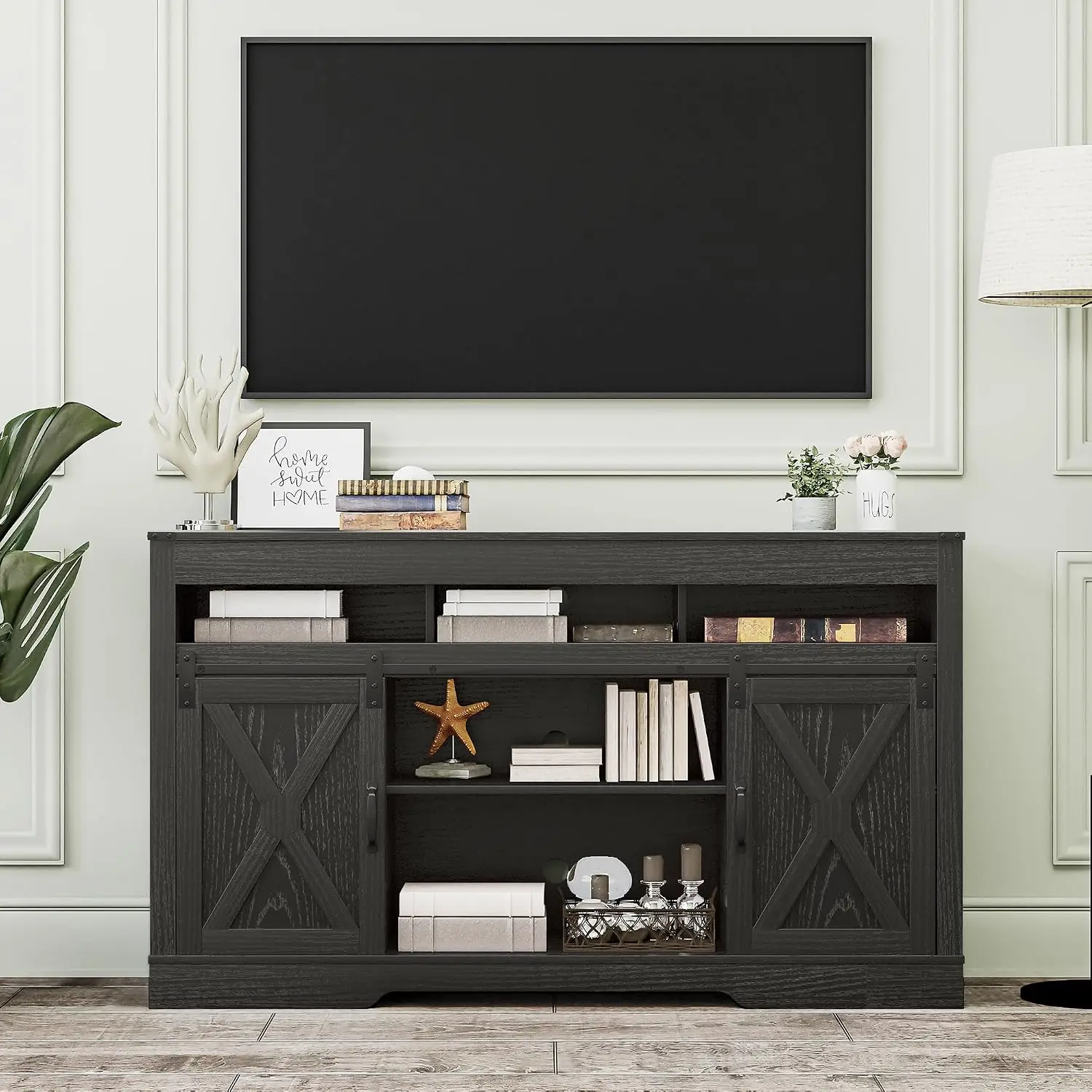 Farmhouse TV Stand With Sliding Barn Door For 65+ Inch TV, Wood Media Console Cabinet, 34