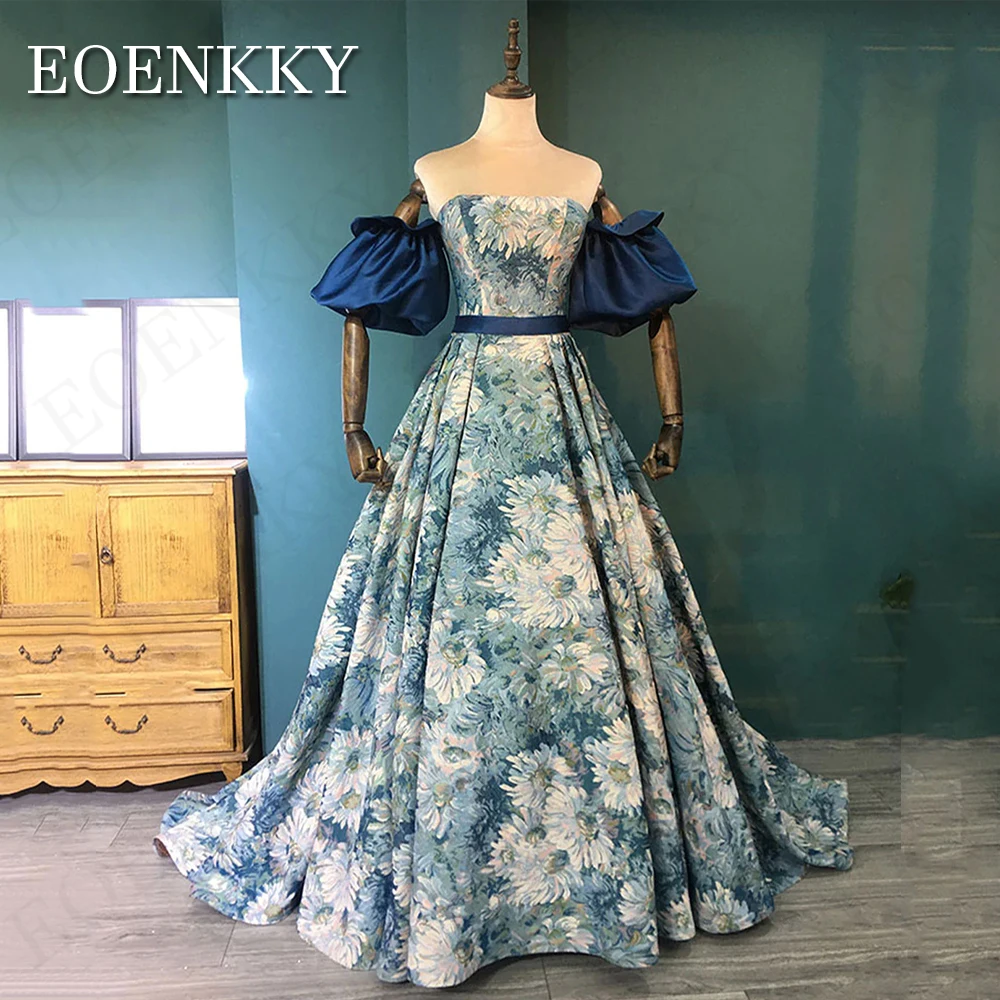 Luxury Flora Print Blue Korean Prom Dresses Removable Puff Sleeves Strapless A Line Evening Gowns Formal Occasion  Floor Length