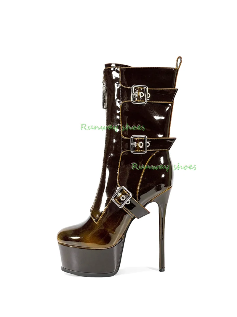 Gradient Green-Black Color-Blocking Patent Leather Platform Sole Ankle Boots Round Stiletto Heels Head Sankou Stage Boots 2026