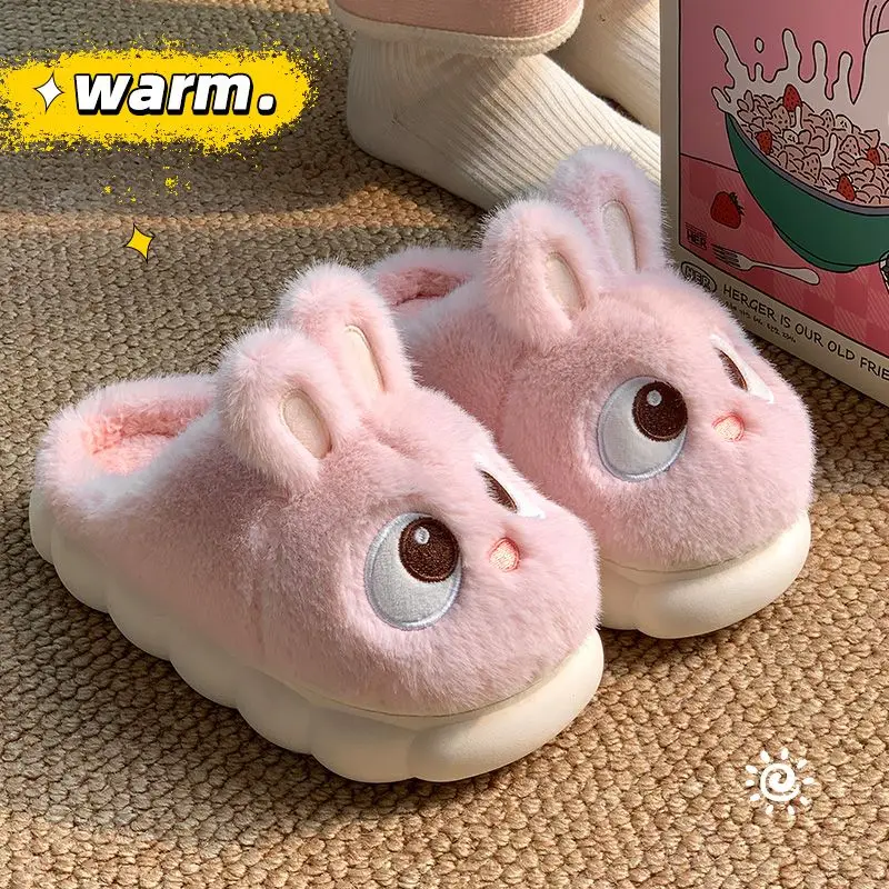 

Pink fuzzy bunny slippers women's fluffy mules shoes woman heel wrapped warm home slipper fur slides winter rabbit shoes female