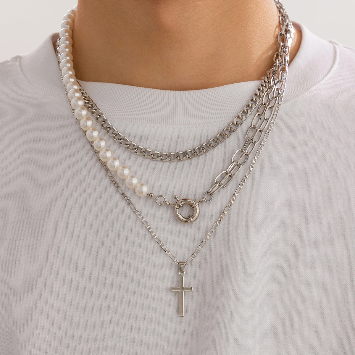 

IngeSight.Z Trend 3pcs/set Cross Pendant Men Necklace Silver Color Link Chain Imitation Pearl Choker Male Punk Hip Hop Jewelry