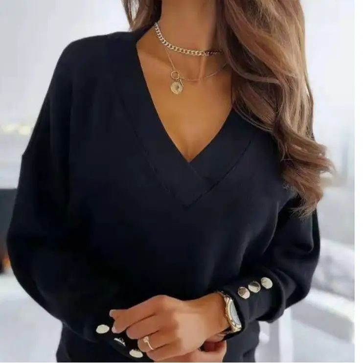 

Women's Knitted irt with Collar Fabric on Cuffs Loose Fit Long Sve Polyester T-irt