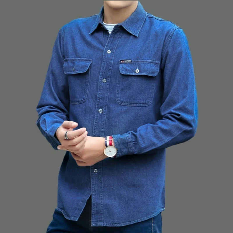 

Мужская рабочая одежда из чистого хлопкового денима с длинным рукавом, устойчивая к ожогам и износу, новая осенняя модель для строительных площадок.