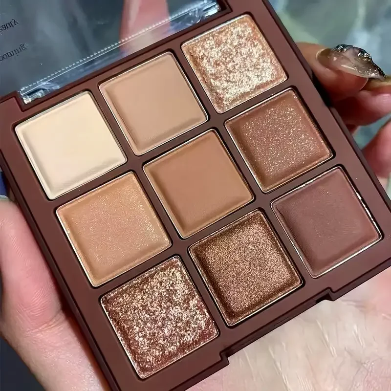 Chocolate eyeshadow Palette - 9 shades of natural brown & gold, with glitter & matte effects, lasting eye makeup, Korean makeup