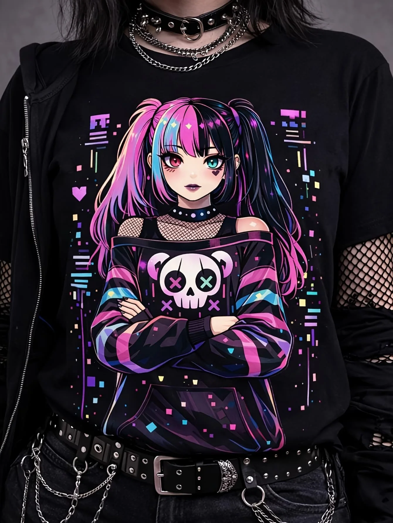 Women's Cyberpunk Gothic Anime Girl T-shirt Pink Skull Panda Printed Short Sleeve T-shirt Casual Street Wear Summer Women's Top