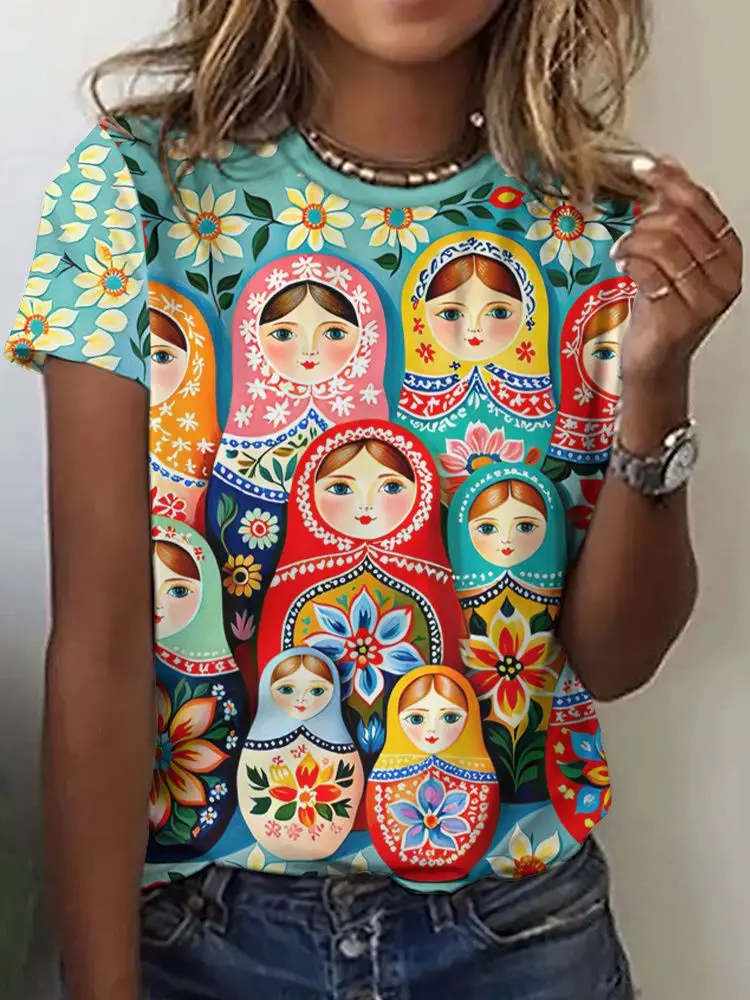 New Matryoshka Doll Russian T-Shirts Floral 3D Print Women Round Neck Short Sleeve T Shirt Tees Harajuku Y2K Top Female Clothing