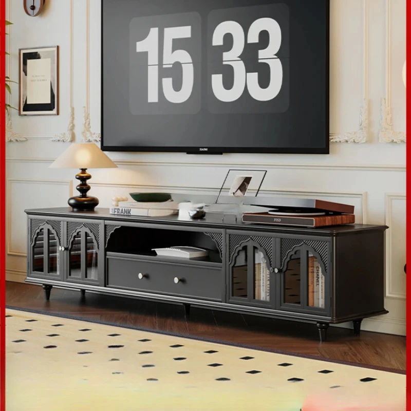 

French retro solid wood TV cabinet American living room small apartment black TV cabinet floor light luxury